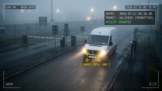 A van at a commercial entrance with an illustrative delivery-permit annotation.