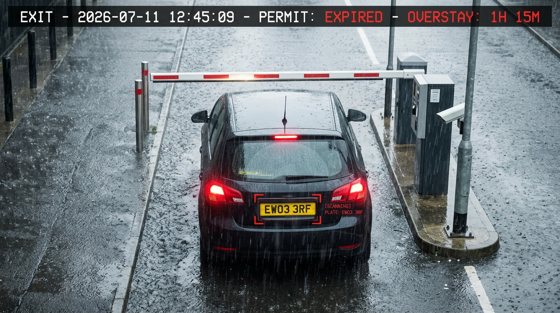 An exit scene with supplied expired-permit and overstay annotations.