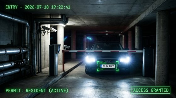 An underground entrance with an illustrative active resident-permit annotation.