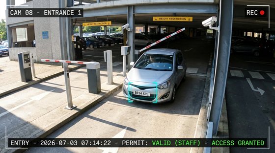 A multi-storey entrance with an illustrative staff-permit annotation.