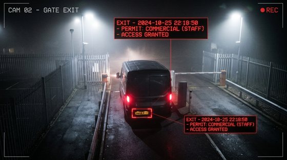 A van departing at night with a supplied commercial-permit annotation.
