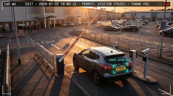 A vehicle departing a retail site with a supplied visitor-payment annotation.