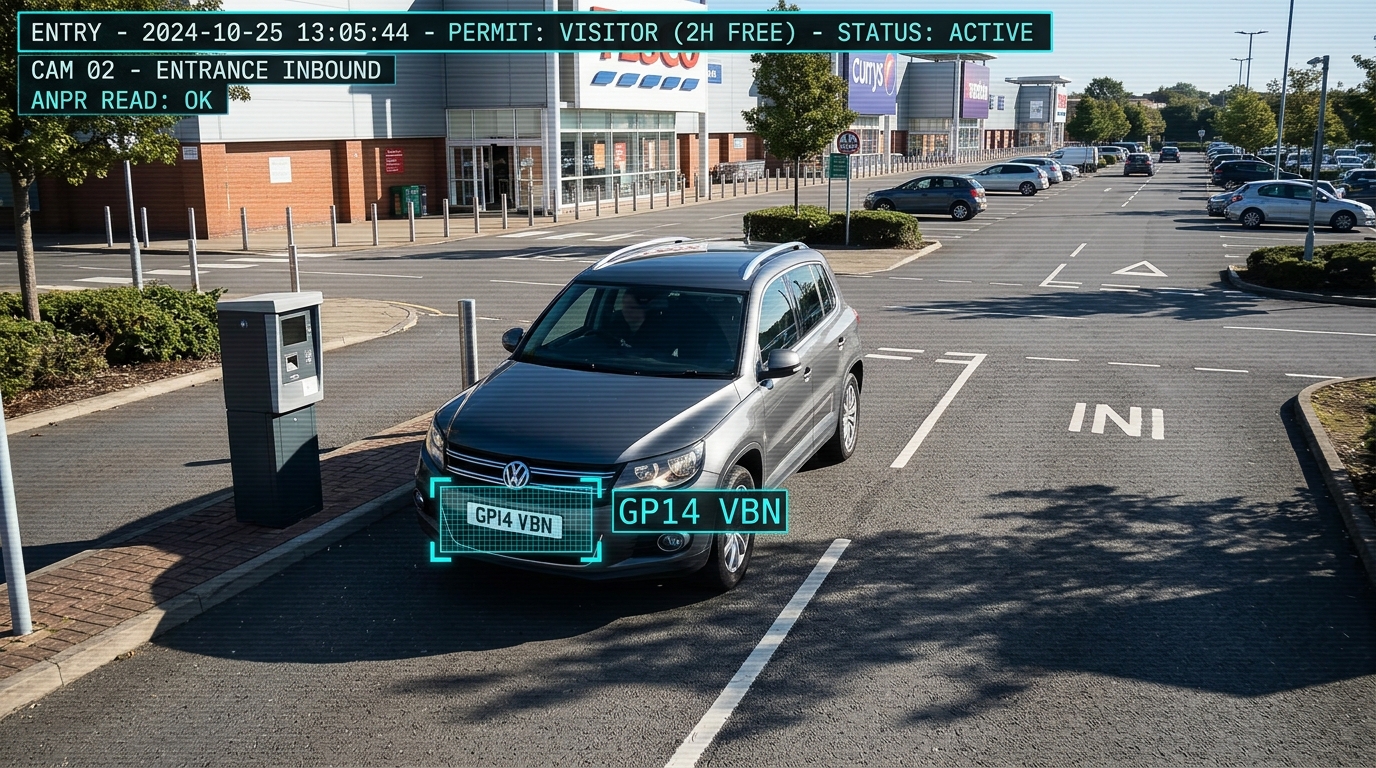 Supplied ANPR illustration of a vehicle arriving at a retail car park with a free visitor allowance