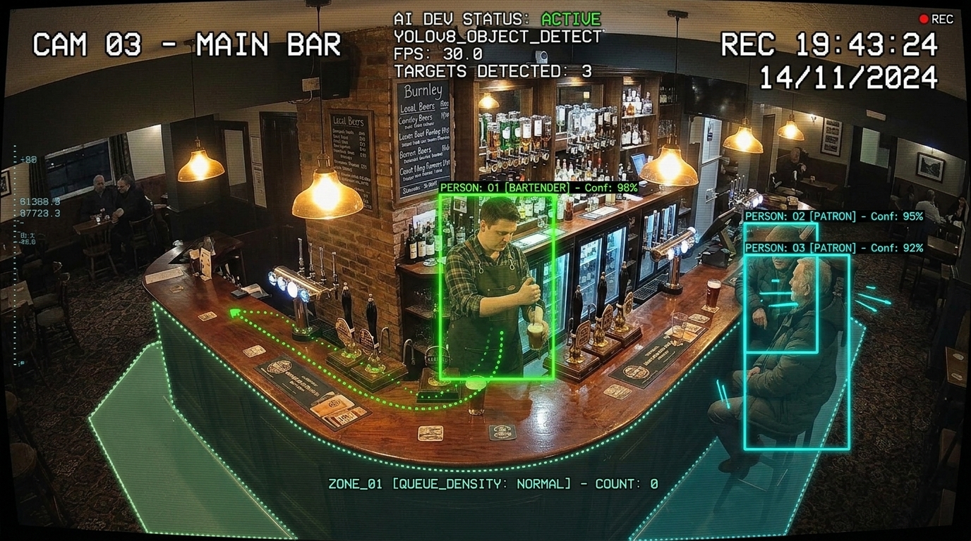 Illustrative pub camera scene showing a bartender, customers and a highlighted service zone