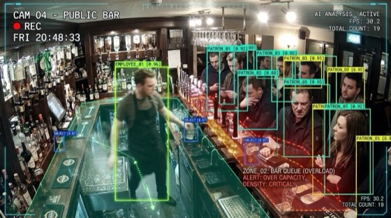 Illustrative a busy service zone scene with supplied CCTV demonstration overlays.