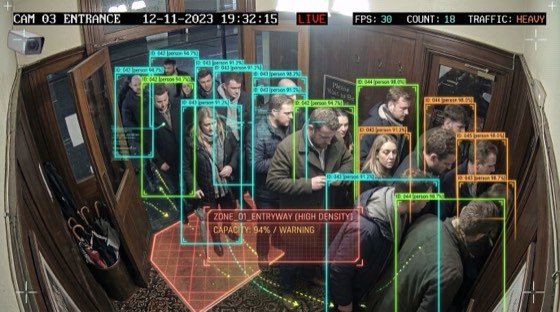 Illustrative entrance and capacity scene with supplied CCTV demonstration overlays.