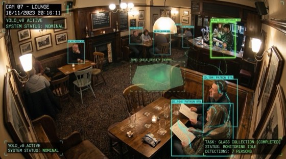 Illustrative floor service awareness scene with supplied CCTV demonstration overlays.