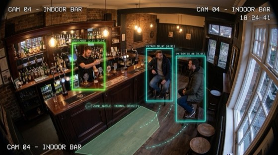 Illustrative indoor service coverage scene with supplied CCTV demonstration overlays.