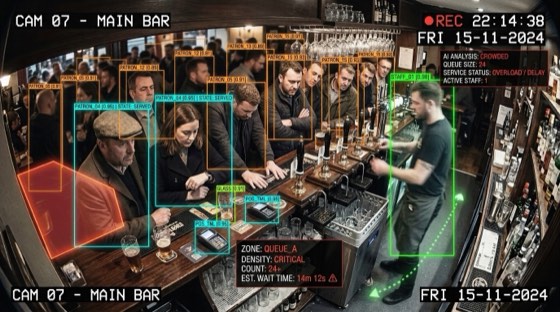 Illustrative queue awareness scene with supplied CCTV demonstration overlays.