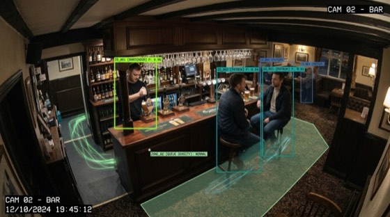 Illustrative table and bar context scene with supplied CCTV demonstration overlays.