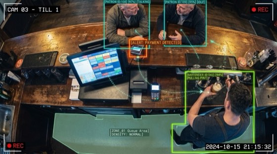 Illustrative till and service context scene with supplied CCTV demonstration overlays.