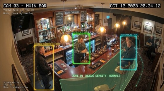 Illustrative waiting at the bar scene with supplied CCTV demonstration overlays.