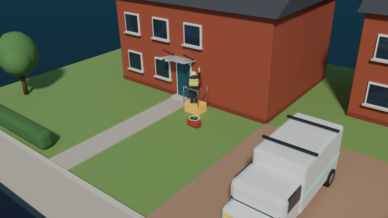 A rendered tradesperson working on site while the telephone enquiry is answered